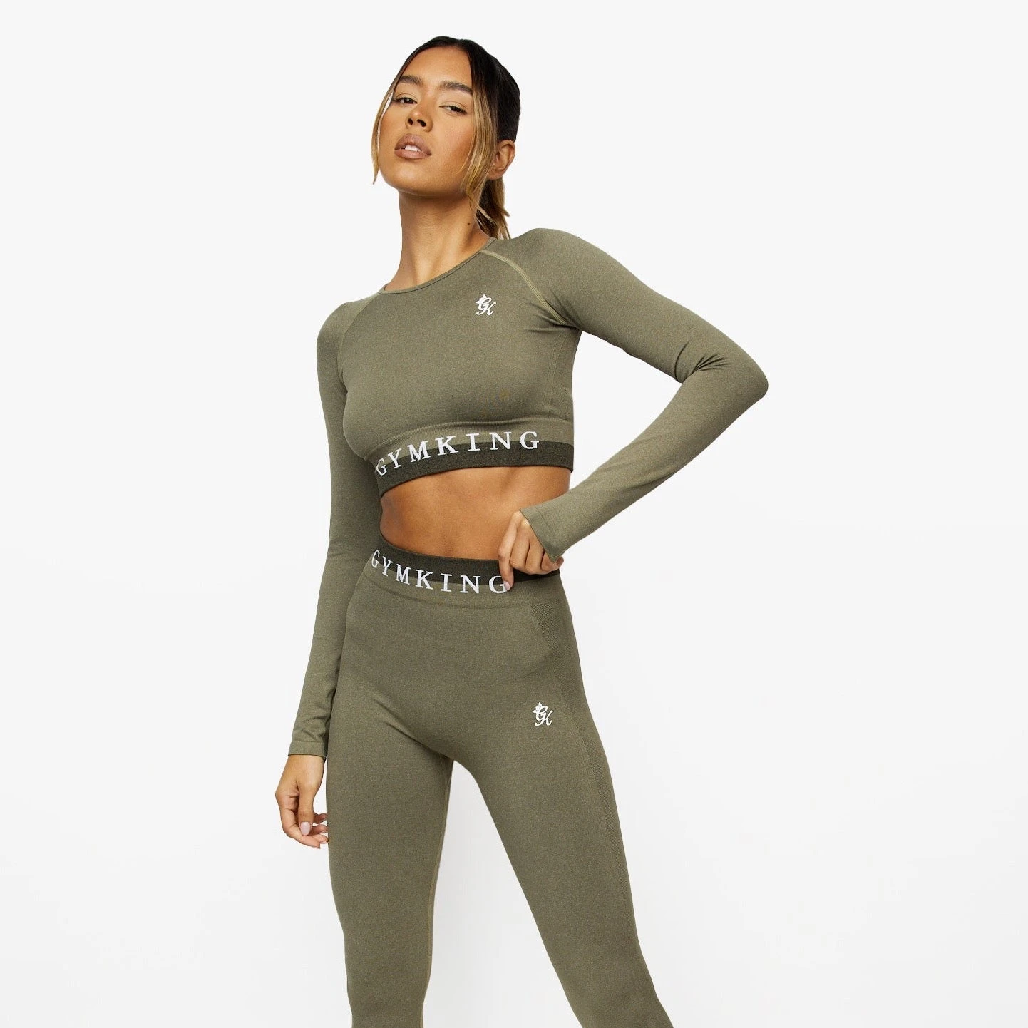Gym King Seamless Results Long Sleeve Crop - Khaki - Image 2