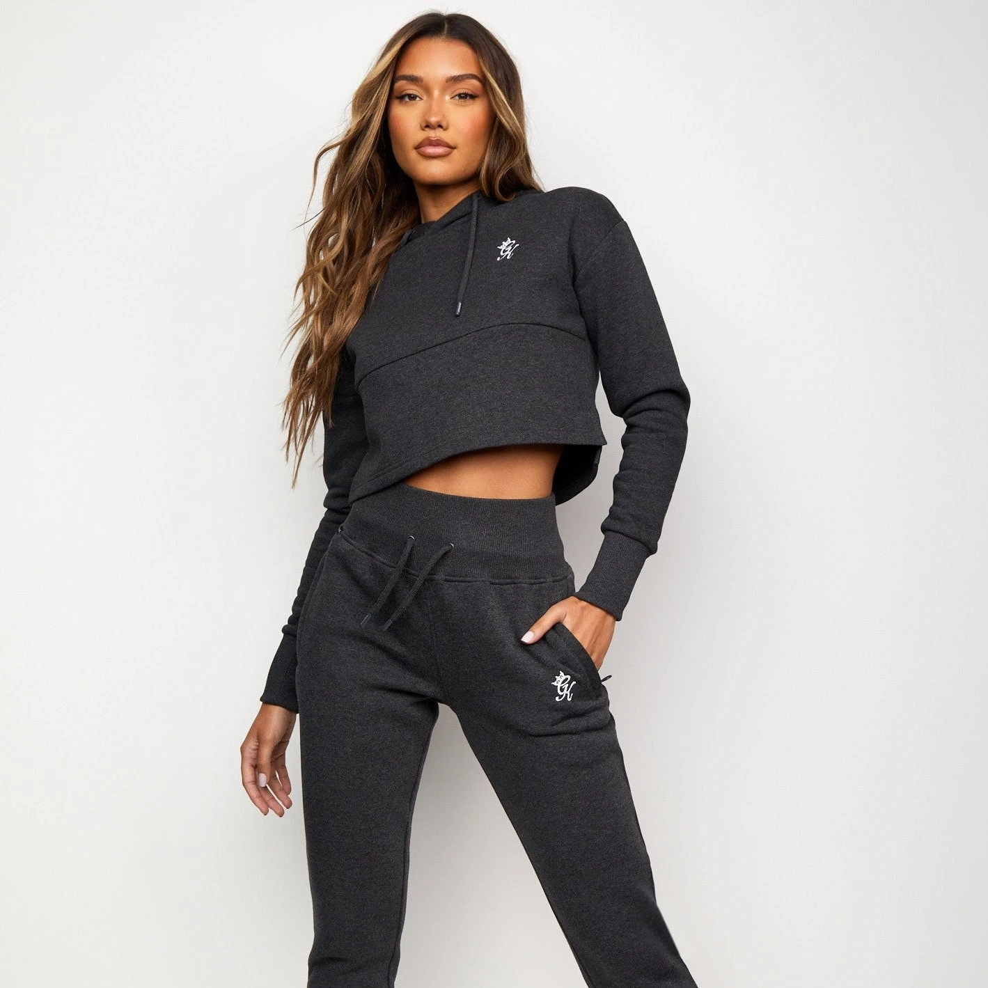 Gym King Sky Fleece Crop Hoodie - Charcoal Marl/White - Image 2