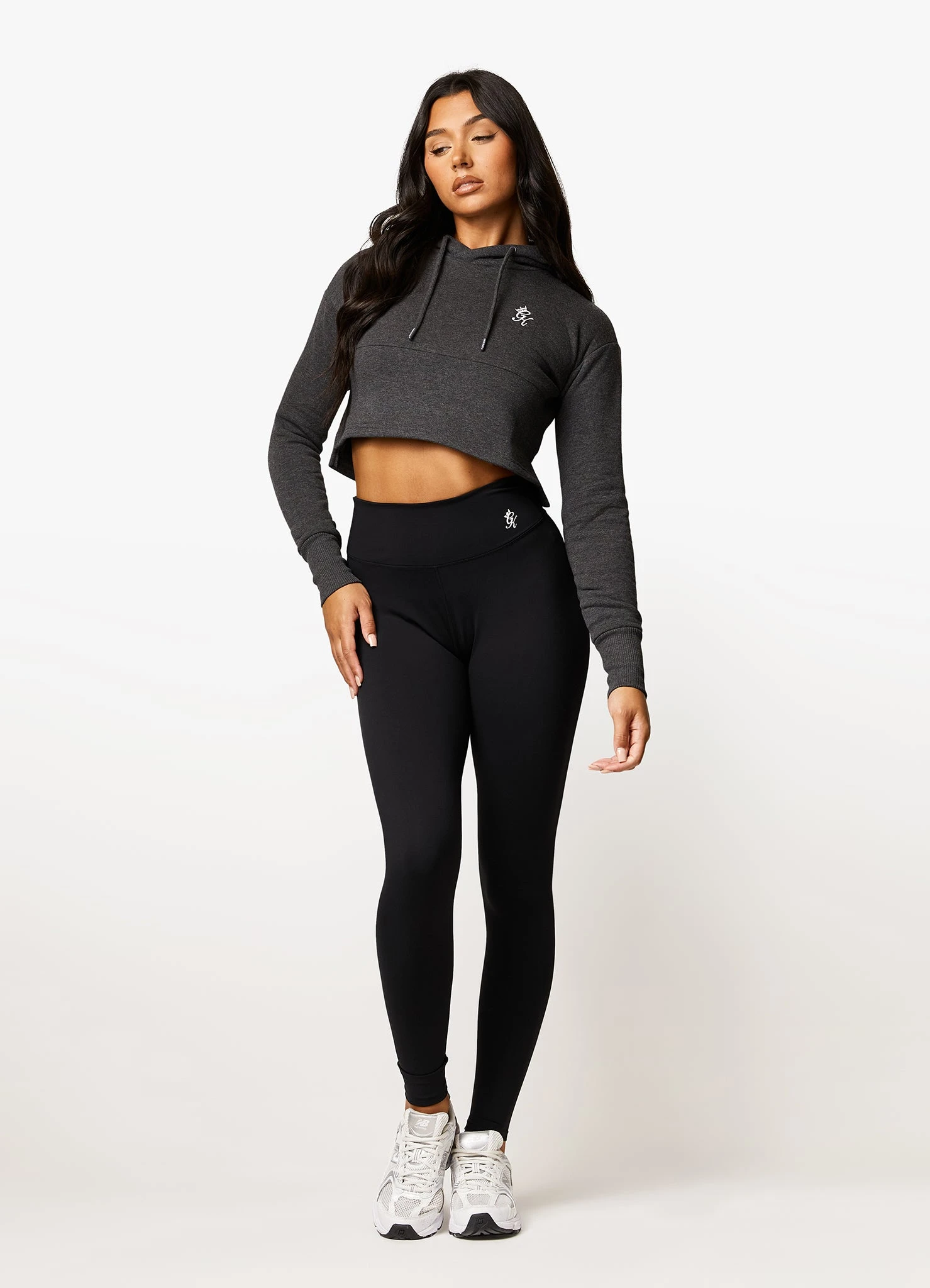 Gym King Sky Fleece Crop Hoodie - Charcoal Marl/White - Image 6