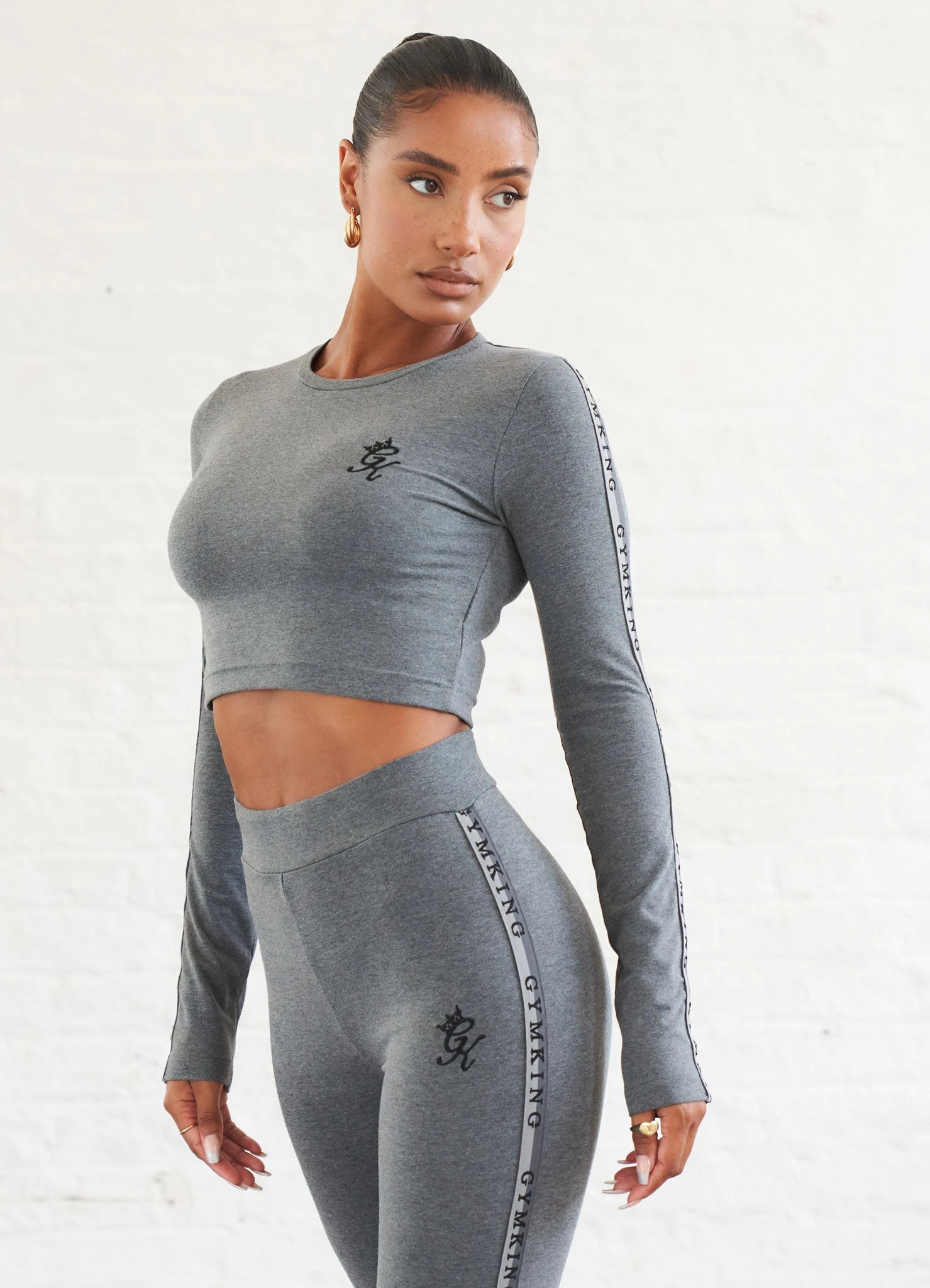Gym King Results Tape Longsleeve Crop - Mid Grey Marl - Image 3